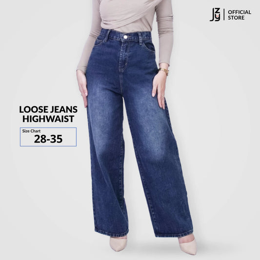 Loose Jeans Highwaist Wanita - Black Denim