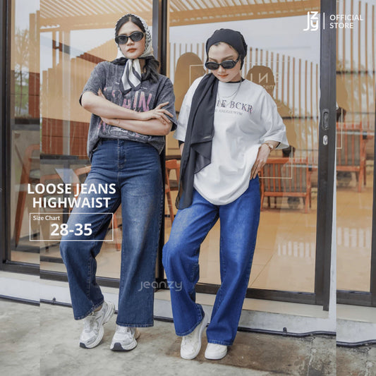 Loose Jeans Highwaist Wanita - Dark Denim