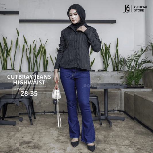 Celana Cutbray Jeans Highwaist Wanita - Dark Blue