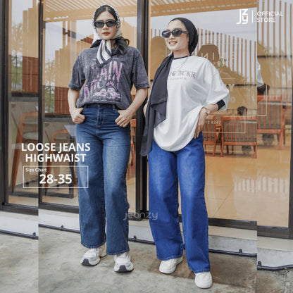 Loose Jeans Highwaist Wanita - Black Denim