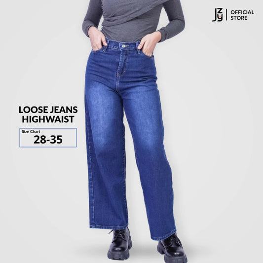 Loose Jeans Highwaist Wanita - Dark Denim