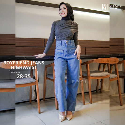 Boyfriend Jeans Wanita Highwaist - Medium Blue